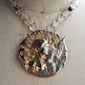 VINTAGE Art Nouveau Woman With Bird Medallion Beaded Statement Choker